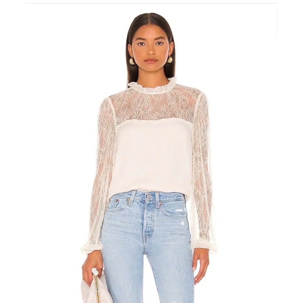 Cami NYC Ivory Silk Lace Long Sleeve Ruffle Neck Blouse Med Victorian Romantic